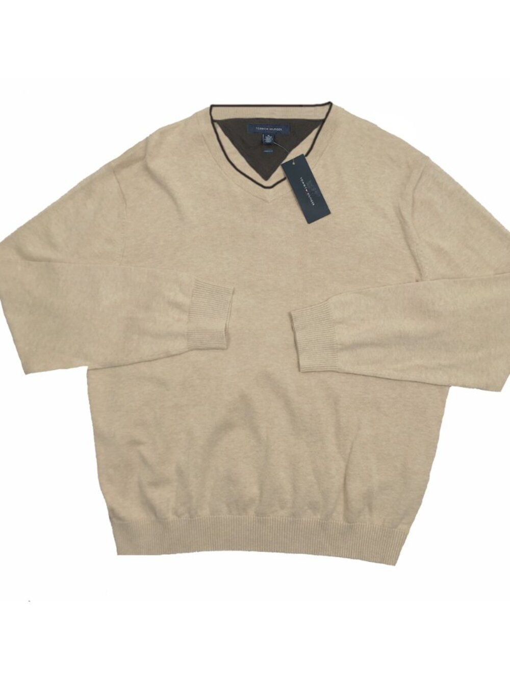 NEW Tommy Hilfiger Merino Wool Sweater! Oatmeal Tan V Neck Tommy Flag on Sleeve